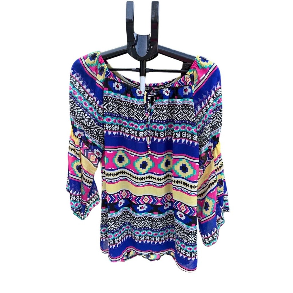 New Directions Tunic Top Womens Size L Multicolor Boho Tribal Tie Neck